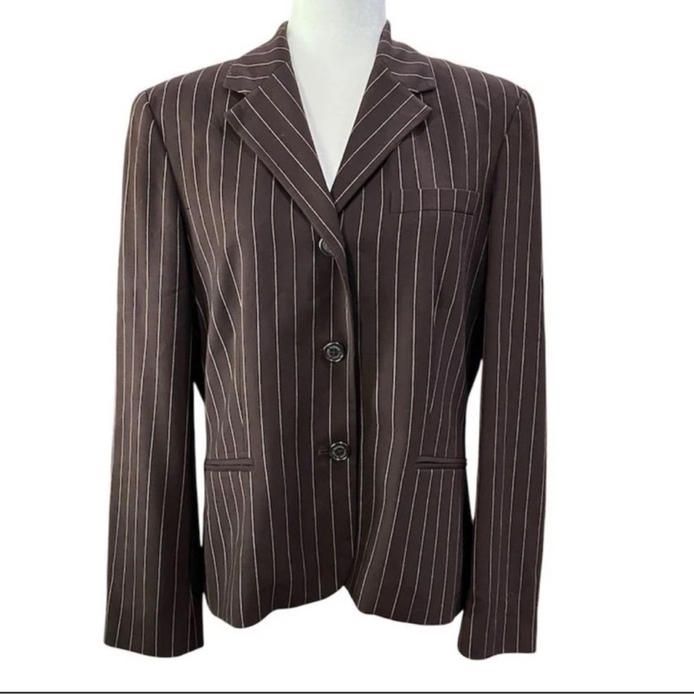 Lauren Ralph Lauren Women's Brown Pinstripe Wool Blazer Jacket Size 14